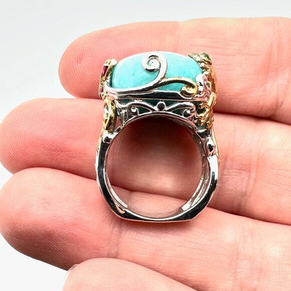 Michael Valitutti Ring Blue Green Gemstone Frog Sterling Silver Gold Size 6 - Picture 2 of 4